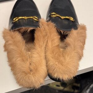 Luxurious Black and Tan Fur-Trimmed Loafers